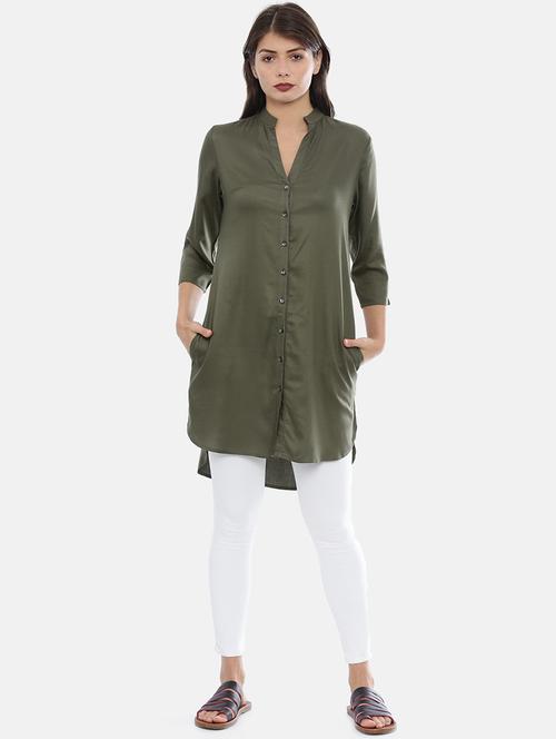 olive rayon regular tunic - 17112179 - Standard Image - 1