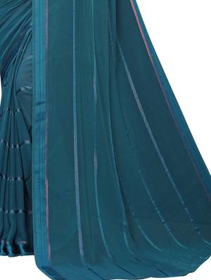 turquoise solid saree with blouse - 17112644 - Standard Image - 3