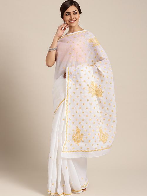 solid chikankari saree with blouse - 17113549 - Very Small Image - 1
