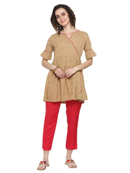 beige cotton aline kurti - 17113557 - Standard Image - 1