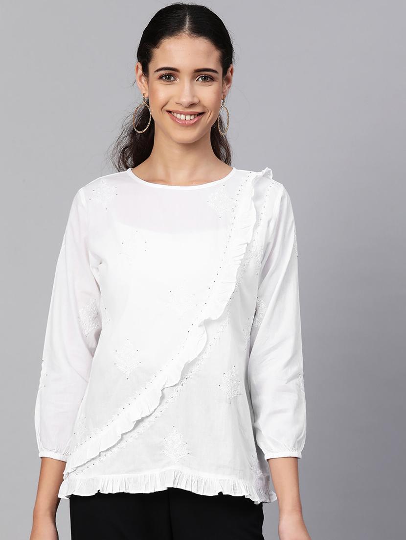 ada hand-embroidered white chikankari ruffle top - 17113587 - Zoom Image - 1