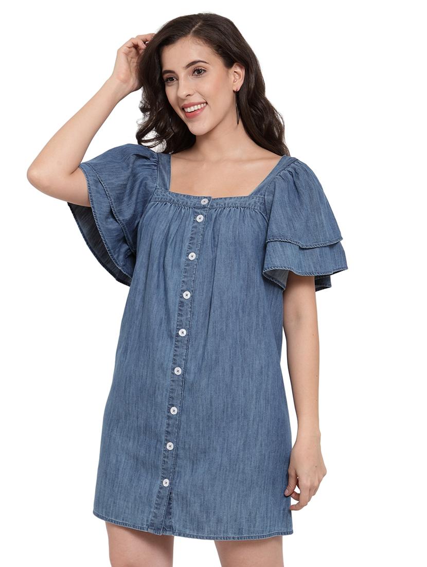 flutter sleeves denim dress - 17115719 - Zoom Image - 2