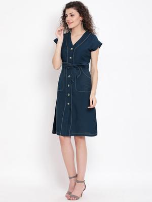 tie front solid a-line dress - 17116377 - Standard Image - 2