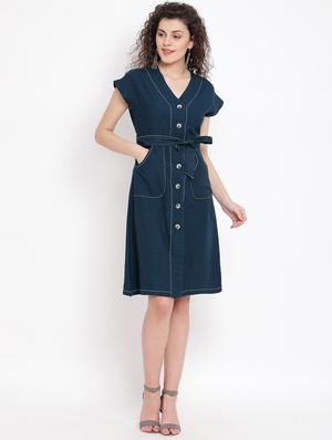 tie front solid a-line dress - 17116377 - Standard Image - 3