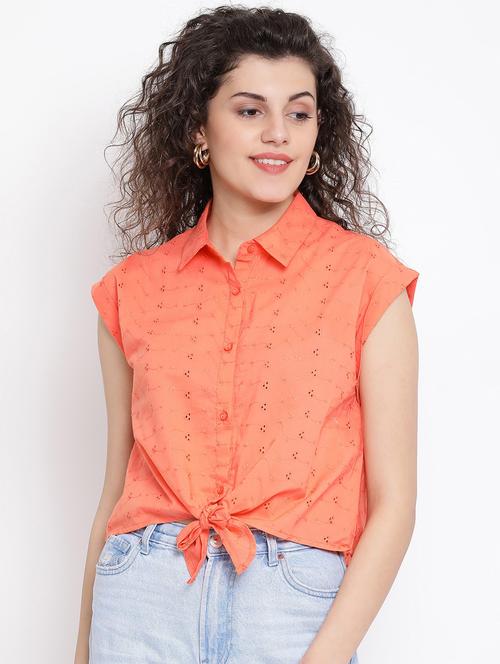 tie front schiffli shirt - 17116450 - Standard Image - 1