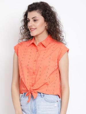 tie front schiffli shirt - 17116450 - Standard Image - 2