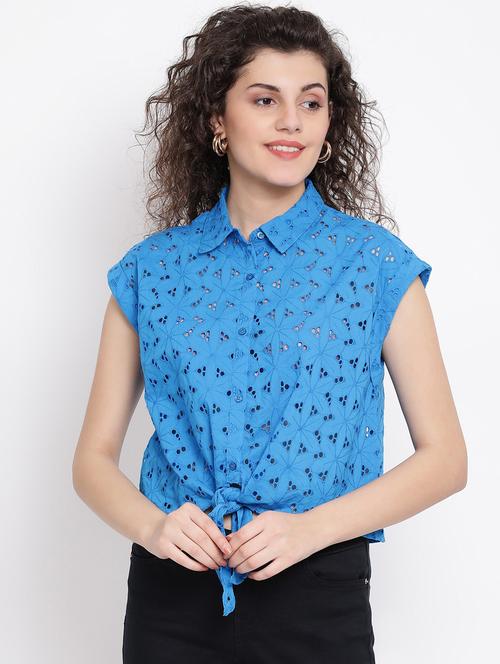 tie front schiffli shirt - 17116451 - Standard Image - 1