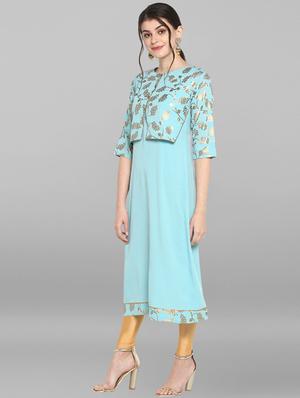 turquoise kurta with jacket - 17120267 - Standard Image - 2