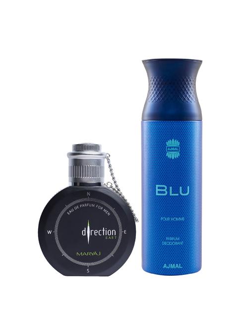 maryaj direction east edp spicy 100ml for men and ajmal blu homme deodorant 200ml for men + 2 parfum testers free - 17122577 - Very Small Image - 1
