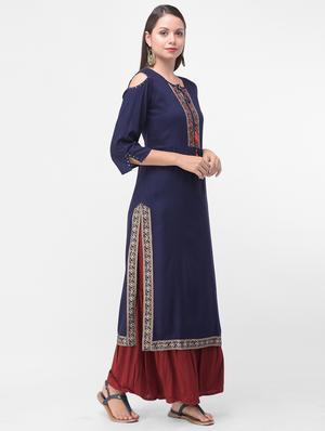 navy blue solid straight kurta - 17125999 - Standard Image - 2
