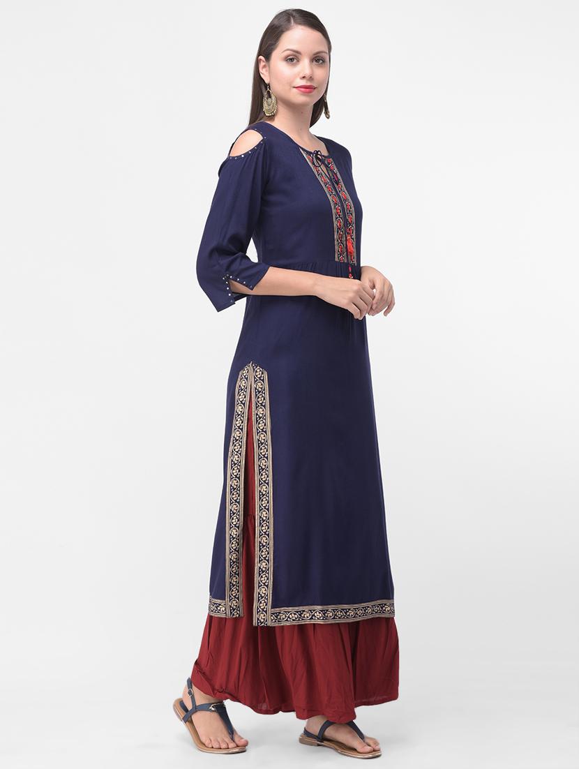navy blue solid straight kurta - 17125999 - Zoom Image - 2
