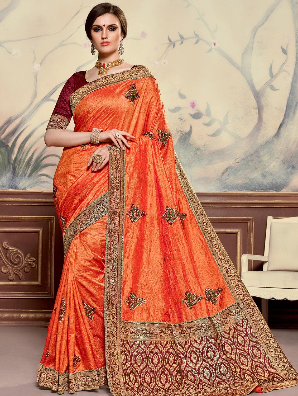 bordered embroidered saree with blouse - 17128191 - Zoom Image - 1