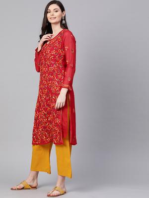 ada hand-embroidered red georgette chikankari straight kurta - 17131350 - Standard Image - 3