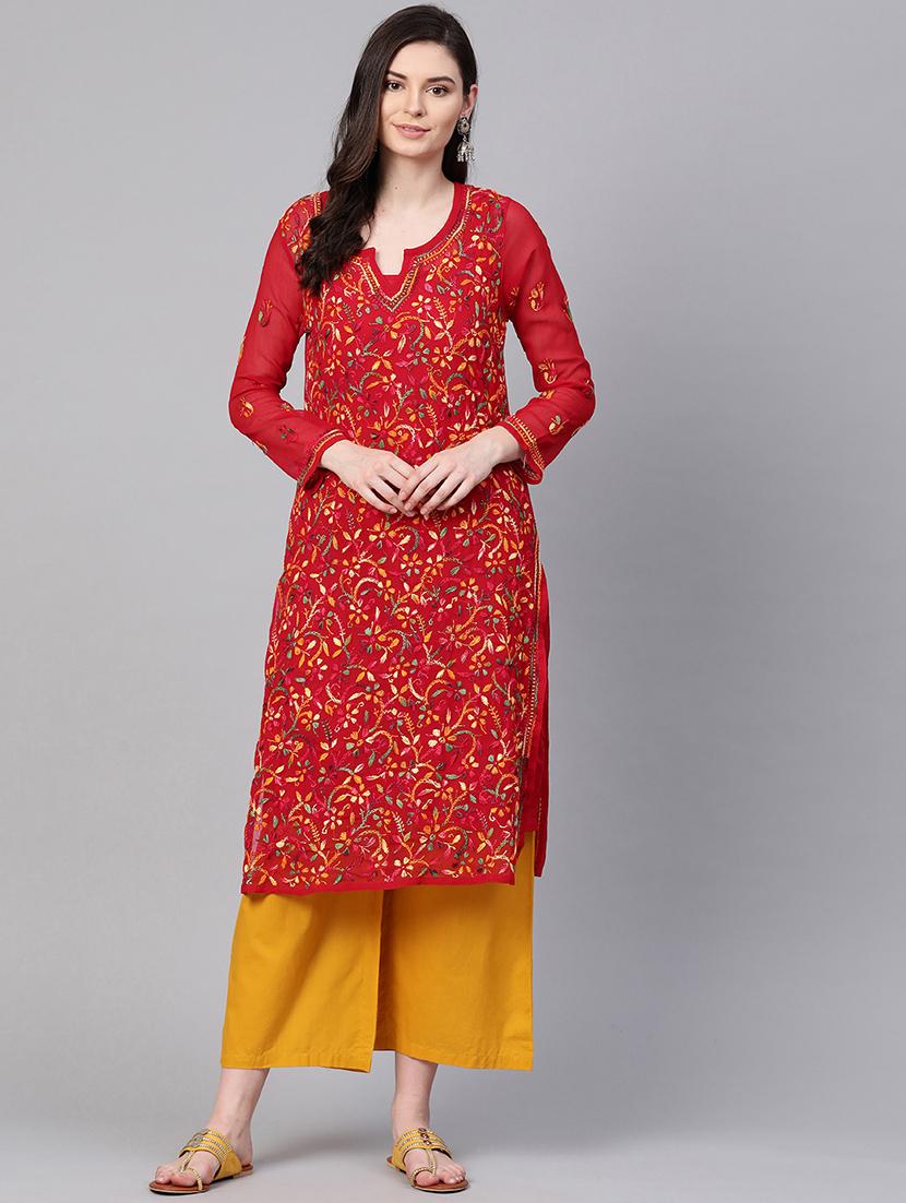 ada hand-embroidered red georgette chikankari straight kurta - 17131350 - Zoom Image - 1
