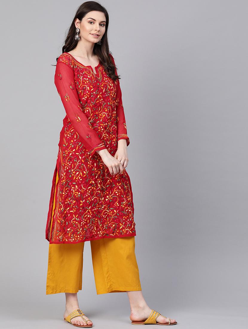 ada hand-embroidered red georgette chikankari straight kurta - 17131350 - Zoom Image - 2