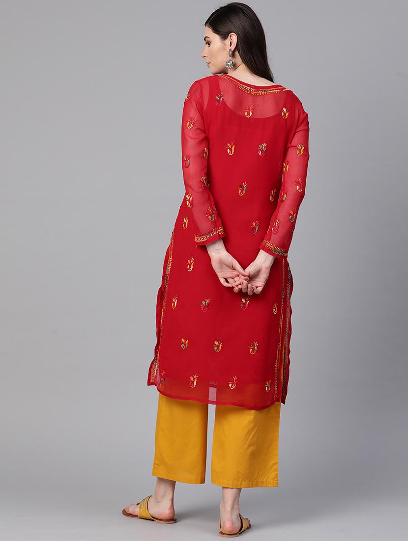 ada hand-embroidered red georgette chikankari straight kurta - 17131350 - Zoom Image - 4