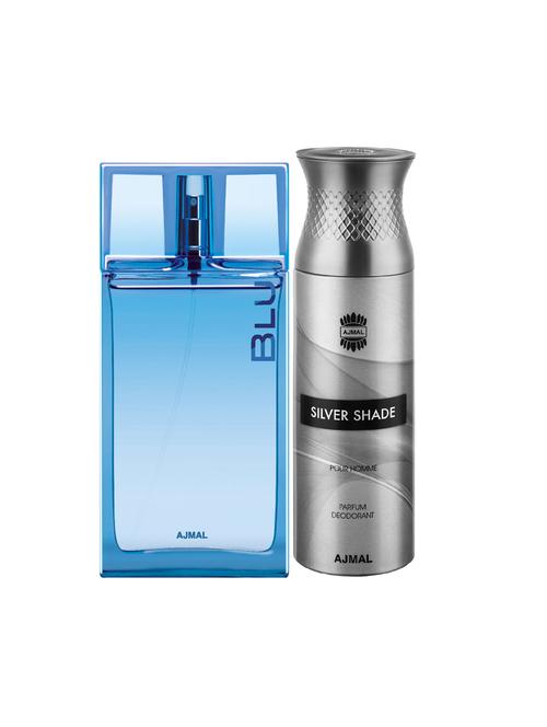 ajmal blu edp aquatic woody perfume 90ml for men and silver shade homme deodorant woody 200ml for men+ 2 parfum testers free - 17137977 - Standard Image - 1