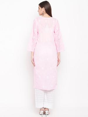 ada hand-embroidered pink cotton chikankari straight kurta - 17140422 - Standard Image - 3