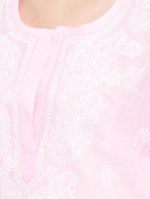 ada hand-embroidered pink cotton chikankari straight kurta - 17140422 - Standard Image - 4