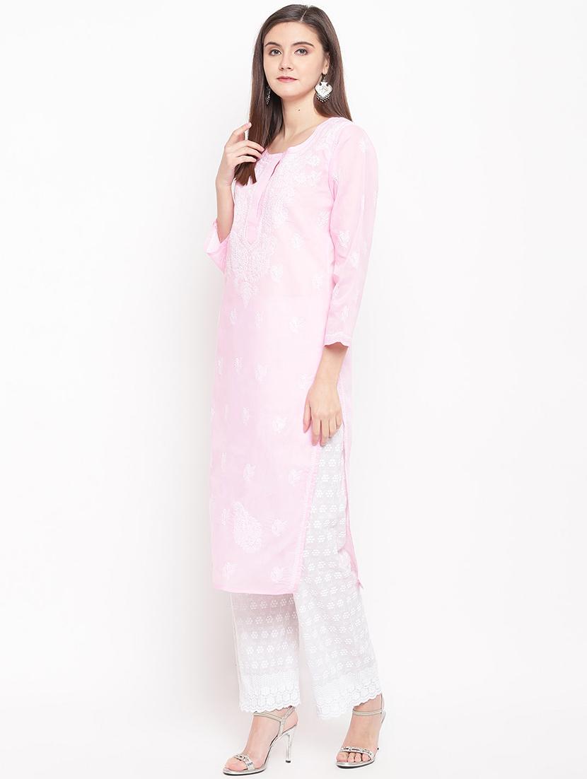 ada hand-embroidered pink cotton chikankari straight kurta - 17140422 - Zoom Image - 2