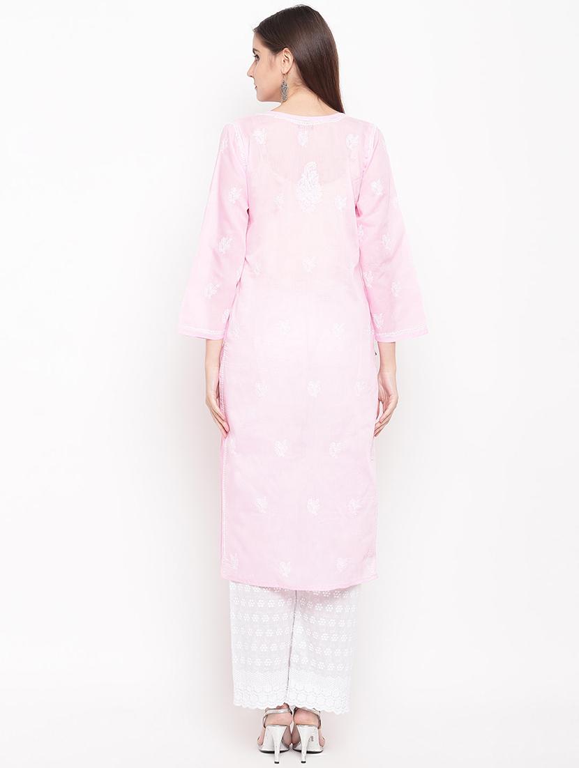 ada hand-embroidered pink cotton chikankari straight kurta - 17140422 - Zoom Image - 3