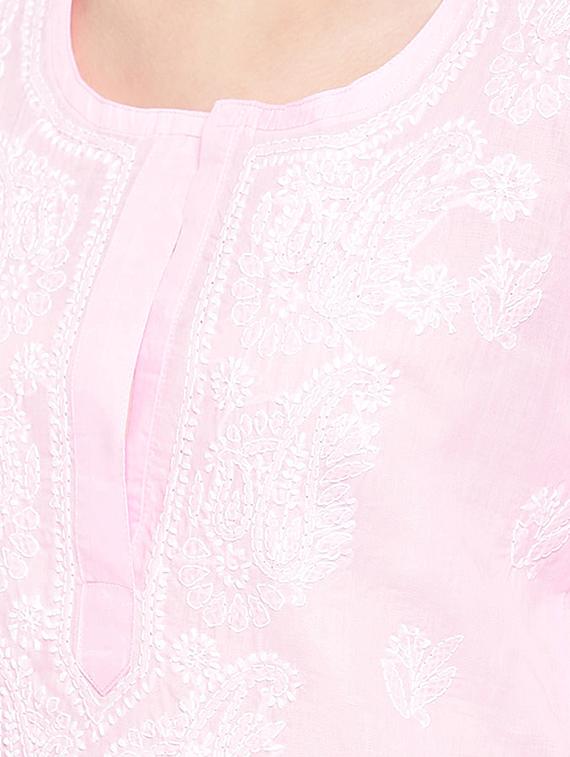 ada hand-embroidered pink cotton chikankari straight kurta - 17140422 - Zoom Image - 4