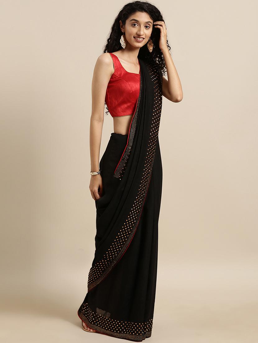 embellished solid saree with blouse - 17140871 - Zoom Image - 1