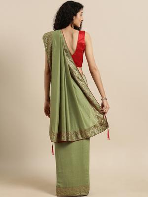 embellished solid saree with blouse - 17140988 - Standard Image - 2