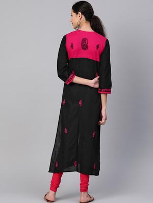 ada hand-embroidered black cotton chikankari straight kurta - 17142770 - Standard Image - 3