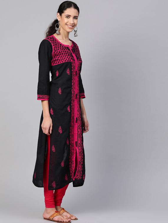 ada hand-embroidered black cotton chikankari straight kurta - 17142770 - Zoom Image - 2