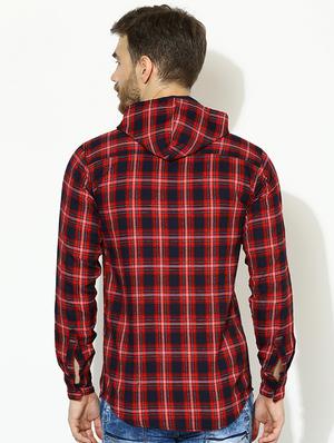 red checkered hooded casual shirt - 17145390 - Standard Image - 3