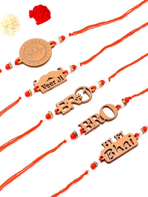 gold color wooden rakhi with roli chawal (set of 5) - 17145528 - Standard Image - 1
