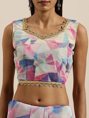 purple linen printed saree with blouse - 17146374 - Standard Image - 3