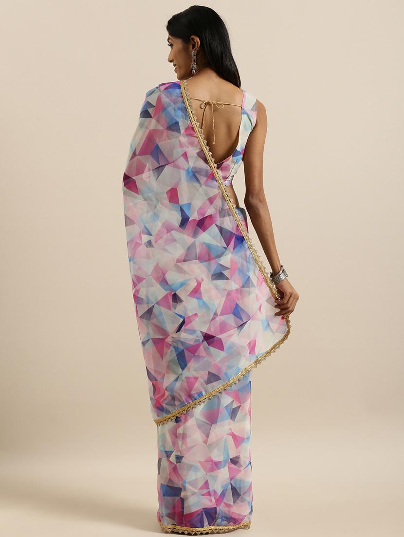 purple linen printed saree with blouse - 17146374 - Zoom Image - 2