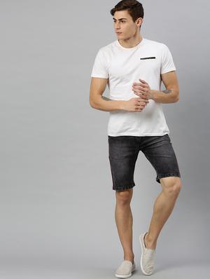 black side striped washed denim shorts - 17147424 - Standard Image - 3