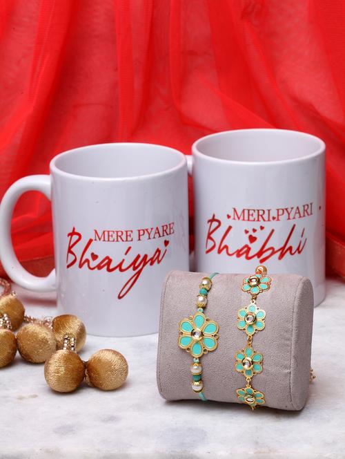 gold-plated beaded floral rakhi & lumba bracelet with bhaiya & bhabhi mugs - 17148641 - Standard Image - 1