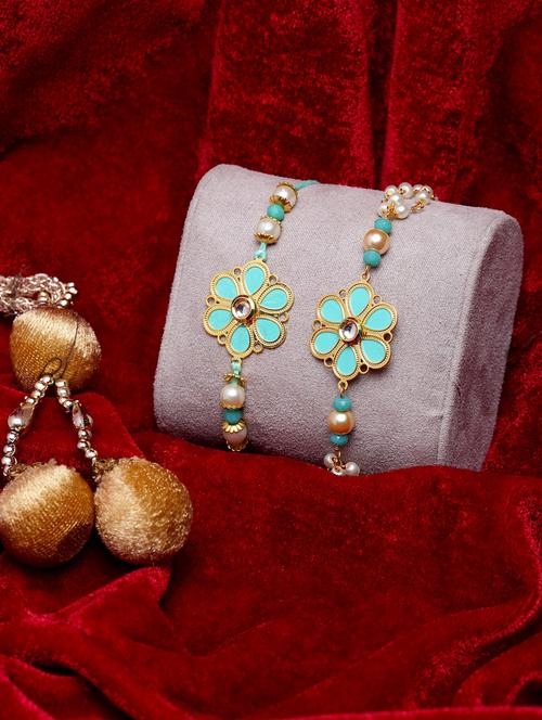 gold-plated beaded floral rakhi & lumba bracelet - 17148651 - Standard Image - 1