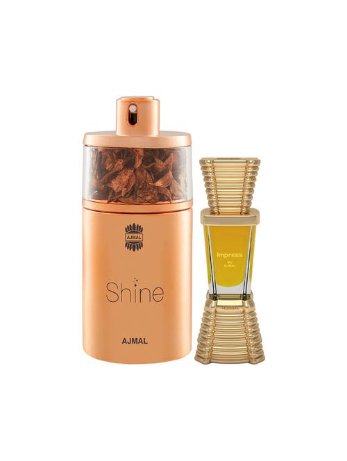 ajmal shine edp powdery 75ml for women and impress concentrated oil alcohol-free attar 10ml for men + 2 parfum testers free - 17150134 - Standard Image - 1