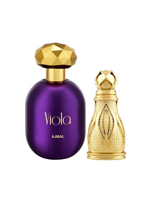 ajmal viola edp 75ml for women and khofooq concentrated oil oudhy alcohol-free attar 18ml for unisex + 2 parfum testers free - 17150251 - Standard Image - 1