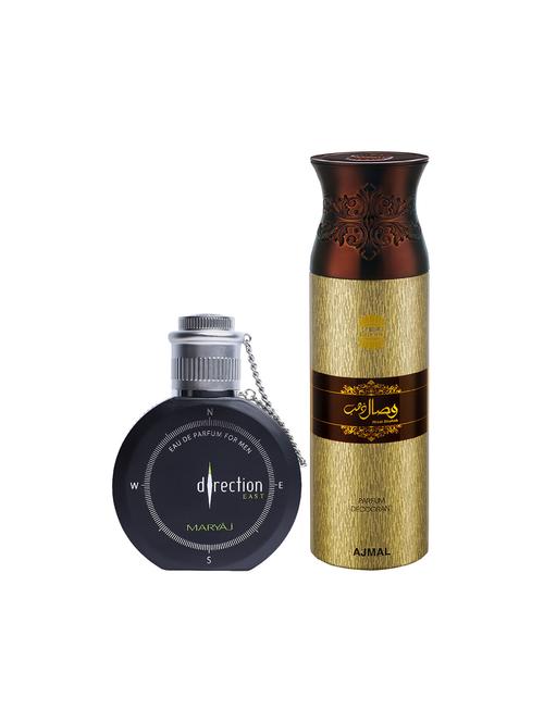 maryaj direction east edp spicy perfume 100ml for men and ajmal wisal dhahab deodorant 200ml for men + 2 parfum testers free - 17151025 - Standard Image - 1