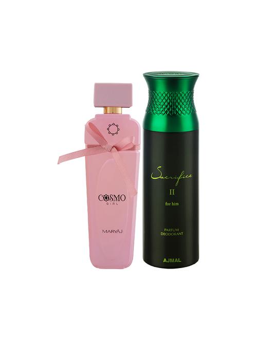 maryaj cosmo girl edp powdery 100ml for women and ajmal sacrifice ii for him deodorant 200ml for men + 2 parfum testers free - 17151062 - Standard Image - 1