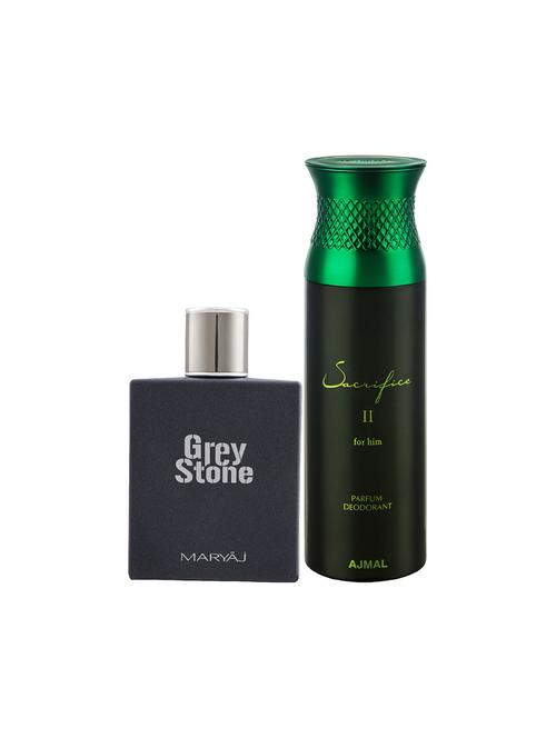 maryaj grey stone edp 100ml for me and ajmal sacrifice ii for him deodorant 200ml for men + 2 parfum testers free - 17151066 - Standard Image - 1
