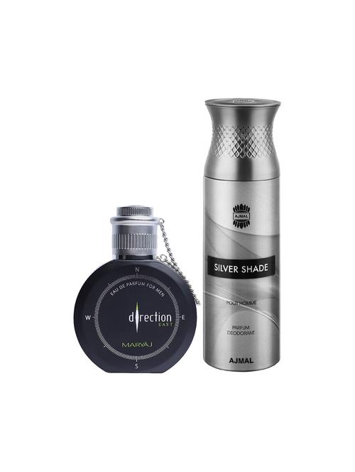 maryaj direction east edp spicy 100ml for men and ajmal silver shade homme deodorant 200ml for men + 2 parfum testers free - 17151100 - Standard Image - 1