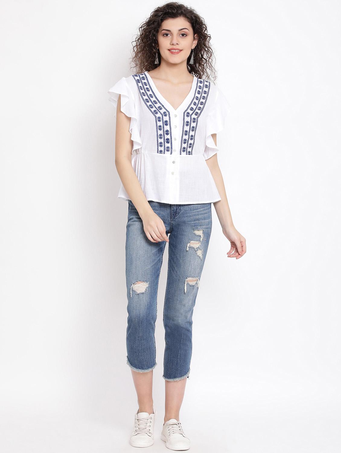 frilled sleeves embroidered top - 17152507 - Zoom Image - 4