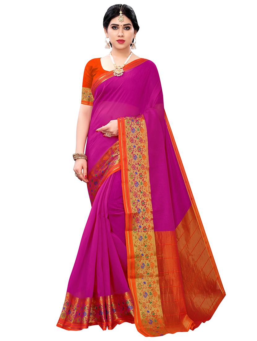 solid bordered saree with blouse - 17153188 - Zoom Image - 1