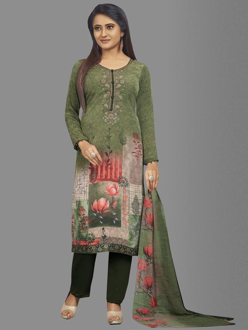 green crepe straight pant suits unstitched suit - 17154671 - Standard Image - 1