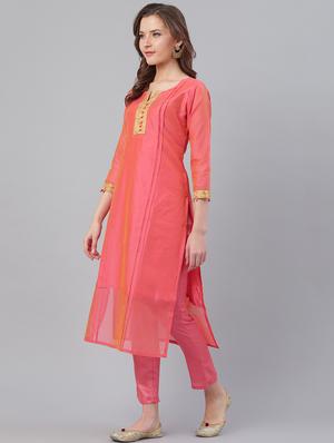 pink chanderi kurta salwar set - 17158241 - Standard Image - 2
