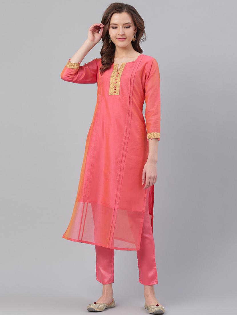 pink chanderi kurta salwar set - 17158241 - Zoom Image - 1