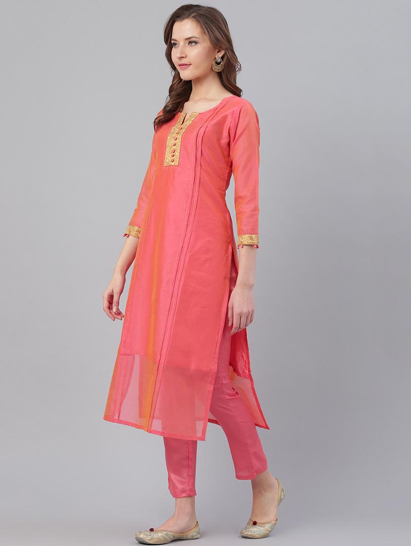 pink chanderi kurta salwar set - 17158241 - Zoom Image - 2