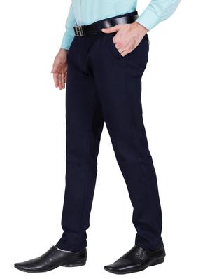 navy blue solid flat front casual trouser - 17160853 - Standard Image - 2